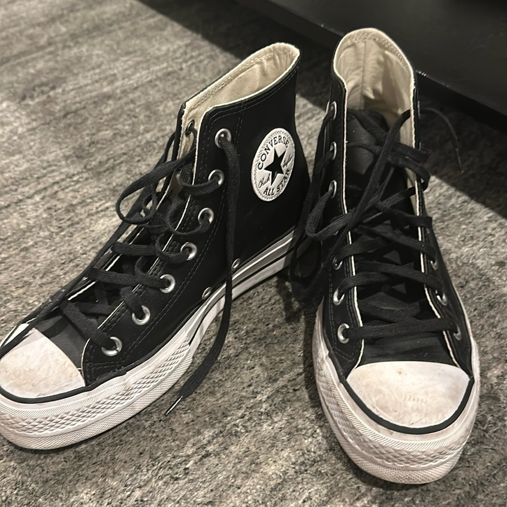 Black leather platform hi top sneakers